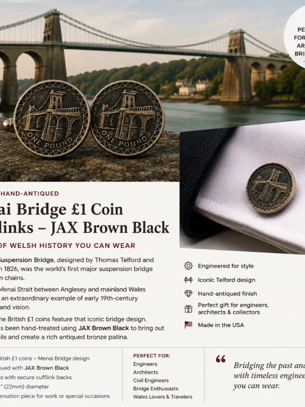 Menai Bridge £1 Coin Cufflinks  Antiqued profiled  Wales Engineer Gift